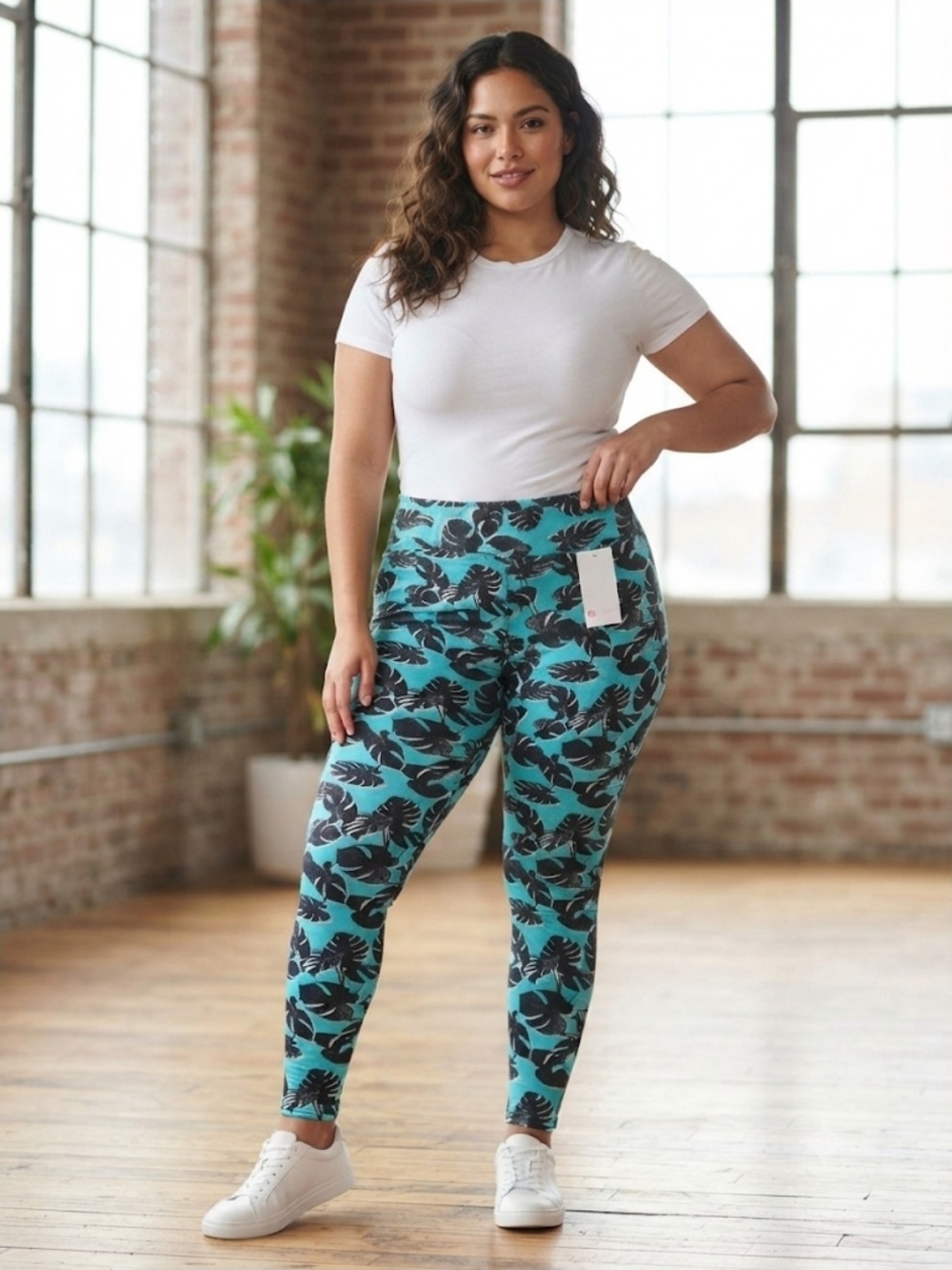 Plus Size Buttery Soft High-Rise Teal Tropical Print Leggings - Women